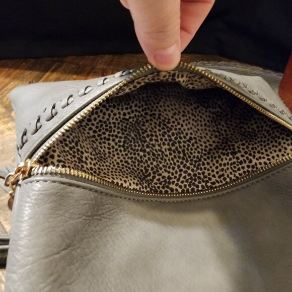 Grey Leather Crossbody, Fun Purse, Leopard Lining. - Picture 6 of 9